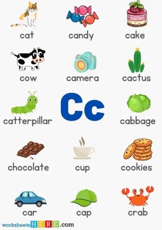 the letter c worksheet is filled with pictures and words to help kids learn how to