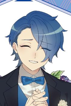 an anime character with blue hair wearing a tuxedo and holding his hands together