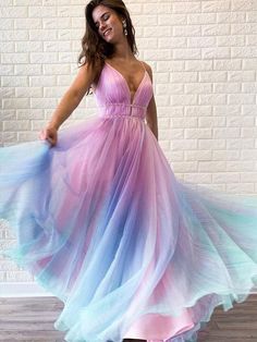 Gaun Koktail, Ombre Prom Dresses, V Neck Prom Dresses, Cute Prom Dresses, Long Prom Dresses, A Line Prom Dresses, Beauty Dress, Chiffon Prom Dress, Party Dress Long