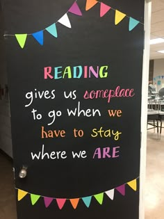 a blackboard with writing on it that says reading gives us someplace to go when we have to stay where we are