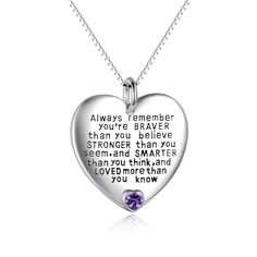 PRICES MAY VARY. ✿Heart Shape Style with One Shinning Cubic Zirconial Pendant Necklace Engraved Word" Always Remember You're braver than you believe, stronger than you seem, and smarter than you think and LOVED more than you know "a perfect gift for someone special! ✿ MATERIAL: Nickel-free,Lead-free Hypoallergenic 925 sterling silver allows for comfortable wear,especially for those with sensitive skin ✿ NECKLACE SIZE: , Heart pendant size:23.5 mm*21 mm,with Box chain 0.8 mm Width, 45.3mm (18") l Sterling Silver Heart Pendant, Best Friend Necklaces, Heart Shaped Jewelry, Always Remember You, Friend Necklaces, May Birthstone, Silver Heart Necklace, February Birthstone, Valentines Jewelry