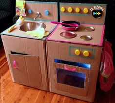 cardboard play kitchen made to look like an oven