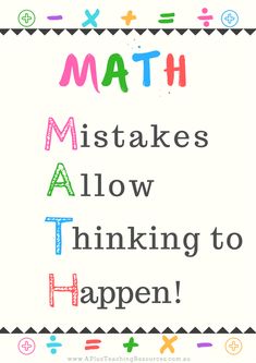 a poster with the words, math makes allow thinking to happen and an image of colorful letters