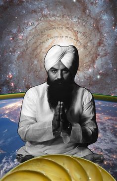 a man sitting in front of the earth wearing a turban and holding his hands together