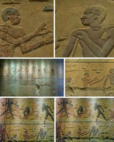 four pictures of ancient egyptian paintings on the side of a wall in an underground room