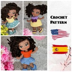 the crochet doll is wearing a dress and holding a flower in her hand