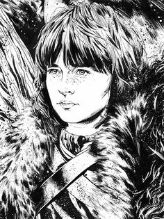 a black and white drawing of a young boy with long hair wearing a fur coat