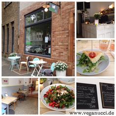 a collage of photos showing the outside of a restaurant with tables, chairs and menus