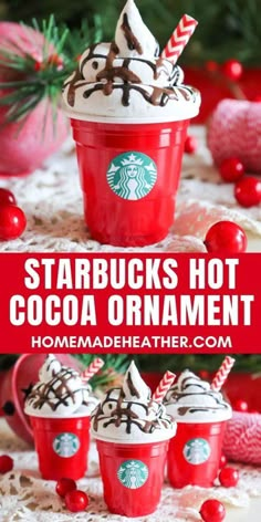 starbucks hot cocoa ornament in red cups with candy canes