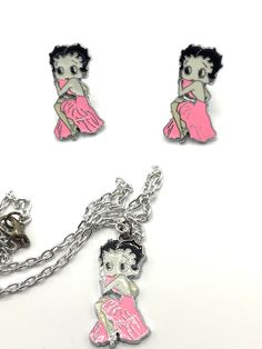 Gorgeous vintage set of Betty Boop with earrings and necklace, enamel, pink dress. Pink Enamel Jewelry With Matching Earrings, Retro Enamel Jewelry For Party, Retro Enamel Party Jewelry, Pink Enamel Party Jewelry, Vintage Enamel Jewelry For Parties, Pink Enamel Jewelry For Party, Pink Enamel Earrings For Party, Handmade Pink Enamel Necklaces, Pink Necklaces With Matching Earrings For Party