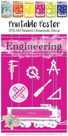 This printable poster covers the STEAM section, engineering. The poster is modern, bright, and the STEAM idea is reflected through the steam behind the title and the steam train car, When all the STEAM posters are printed and hung together, they visually