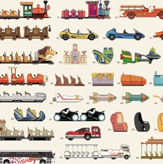 a large poster with different types of vehicles and trains on it's sides, all in various colors