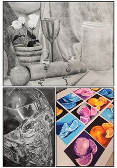 three different pictures with one drawing and the other colored pencils on paper, including an image of a vase