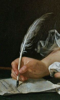 a painting of a person writing with a feather quill