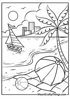 a beach scene with a sailboat and palm tree in the foreground coloring page