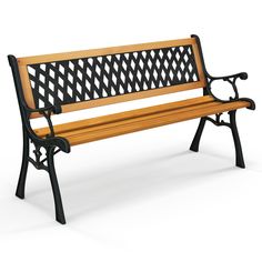 a wooden and black bench on a white background