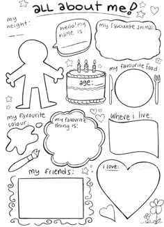 an all about me coloring page for kids with pictures and words to color on it