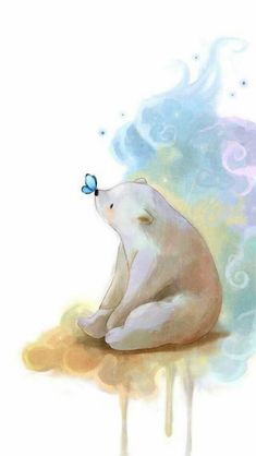 a painting of a polar bear with a butterfly on it's nose sitting on the ground