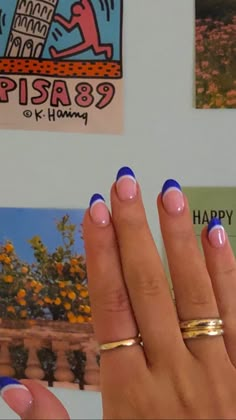 Cute Color French Tip Nails, Colored French Tips Square, Blue Summery Nails, Colored French Tips Short, Summer French Tip Almond Nails, Different Color Tips Nails, Nails With Colorful Tips, Different Color Blue French Tip Nails, Rounded Gel Nails