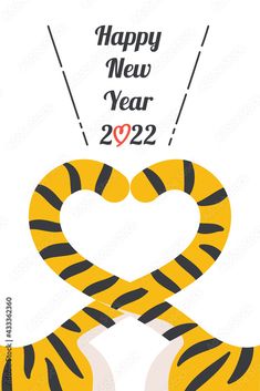 a happy new year card with tiger stripes and a heart on the front, in white background