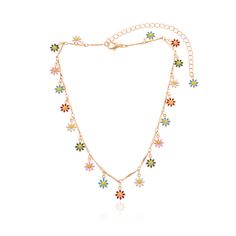 This chic and simple necklace features multicolored floral embellishments all around. Chain : 12.5" L with 4.33" extender Pendant : 0.39" diameter Lobster claw clasp 18k gold-plated copper / enamel