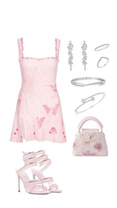 a woman's outfit and accessories including shoes, handbag, bracelets and necklaces