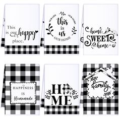 four black and white kitchen towels with the words home is happy, happiness is sweet