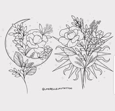 two drawings of flowers on a white background