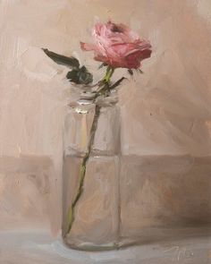 a painting of a pink rose in a glass vase