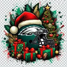 the philadelphia eagles christmas card has been designed to look like a football helmet and is surrounded by presents