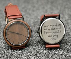 "Our personalized wrist watch for women is custom engraved with your very own personal message. They make a perfect gift for Bridal Showers, Weddings, Birthdays, Christmas, Housewarming, Anniversaries or just about any other occasion. This special gift will commemorate a special event in the lives of your family and friends. Item Description High quality metal watch case decorated with wooden trim. wooden watch face High quality quartz movement leather band. Watch Length: 8\" Watch Face: 1.6\" b Engraved Watches For Men Messages, Watch Gift Quotes For Him, Engraving Ideas Quotes, Engraved Watches For Men, Watch Engraving Ideas, Short Mehndi, Groom Watch, Wrist Watch For Women, Birthday 2023