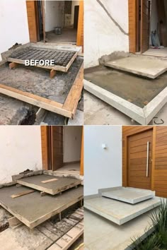 before and after photos of a house being built with concrete blocks on the ground, in front of an open door