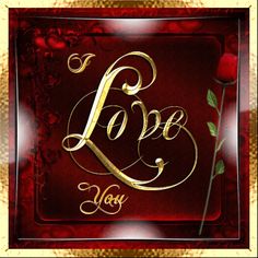 the word love is written in gold lettering on a red background with a single rose