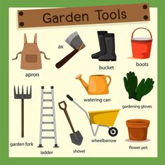 garden tools are arranged on a poster to describe the different types of gardening tools and how they use them