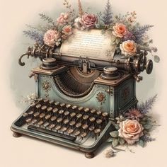 an old - fashioned typewriter with flowers around it and a sheet of paper on top