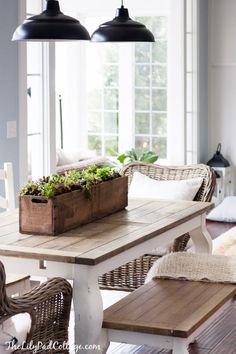 a wooden table topped with a planter filled with green plants next to a window