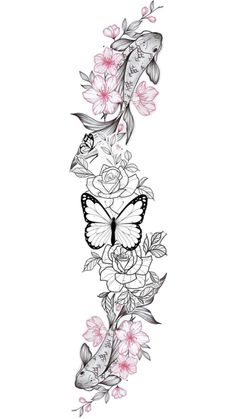 a fish and flowers tattoo design on a white background