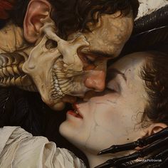 a painting of two people kissing each other with their faces covered in skulls and bones