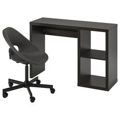 an office desk with a chair and shelving unit in black color, isolated against a white background