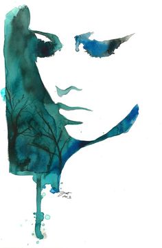 a watercolor painting of a woman's face with trees growing out of it