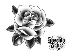 a black and white rose with leaves on it's side, next to the word tattoo