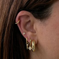 - Star studs - Minimalistic - Hand set clear CZ stones - 14 karat gold or silver plated - Made to last Fourth Piercing Earrings, Top Ear Piercing Studs, Ear Piercings Two Ears, Triple Stack Earrings, Mix Metal Earrings, Mix Metal Earring Stack, Eating Stack Gold, Ear Ring Stack, Ear Piercings Inspo Classy