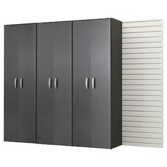 three metal storage cabinets next to each other