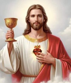 jesus holding a chalice in his hand with clouds around him and the sky behind him