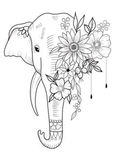 an elephant with flowers on it's tusks is shown in black and white