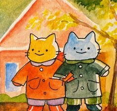 two cats are standing next to each other in front of a house with trees and leaves