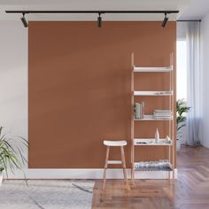 a living room with a ladder, bookshelf and potted plant