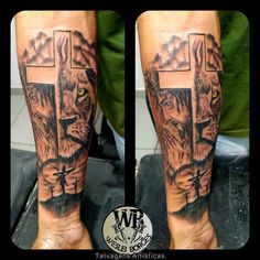 a man with a cross and lion tattoo on his leg