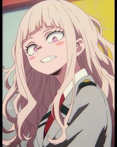 an anime character with long blonde hair and pink eyes