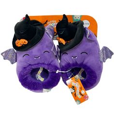 Get Ready For Halloween With These Adorable Squishmallow Blas The Purple Bat Slippers! Perfect For Kids Who Love To Slip-On And Off, These Slippers Are Designed With A Comfortable Fit And A Spooky Halloween Theme. The Slippers Are Available In A Child Size 11/12, Making Them Suitable For Girls Who Love To Wear Them. Made By Squishmallows, These Slippers Are Of High Quality And Are Perfect For Casual Occasions. The Slippers Feature A Slip-On Style, Making Them Easy To Wear And Take Off. The Purpl Halloween Slippers Aesthetic, Hocus Pocus Squishmallows, Bat Slippers, Purple Winter Slippers With Round Toe, Purple Squishmallow, Bat Squishmallow, Get Ready For Halloween, Bat Halloween, Unique Socks